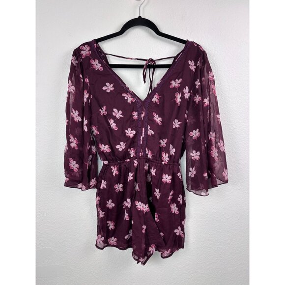 Abercrombie and Fitch women's XS burgundy floral bell sleeve romper v-neck - Picture 1 of 8
